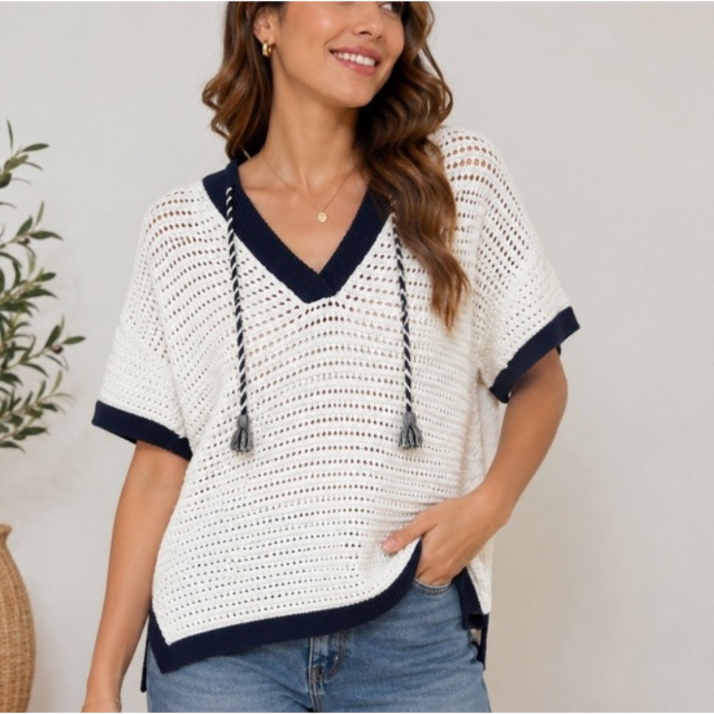Lou & Grey Women White Navy Crochet Open Knit Hooded Short Sleeve Sweater Small